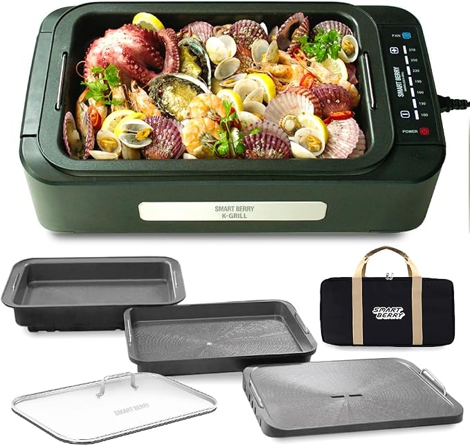 SMART BERRY 3 in 1 Smokeless Electric Indoor Grill, Nonstick Grill/Griddle Plates, hot pot, Glass Lid, Portable Korean BBQ Grill with 7-Level Control, HOT POT set Black