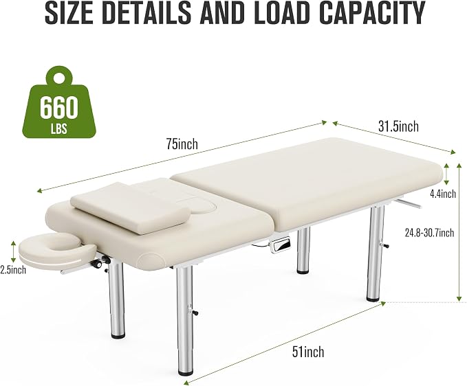 pouseayar Heavy Duty Stationary Massage Table with Adjustable Face Pillow and Stainless Steel Legs, Adjustable Backrest for Treatment, Physical Therapy, Spa Facial Professional Massage Bed - White