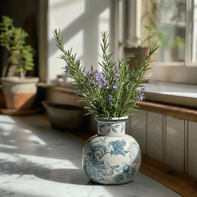 SIDUCAL Blue and White Vintage Vase | 6 Inch Ceramic Chinoiserie Floral | Retro Ice Cracked Blue and White Porcelain Vase for Table, Living Room, Bathroom Decoration, Wedding, Shelf Decor, Mantel