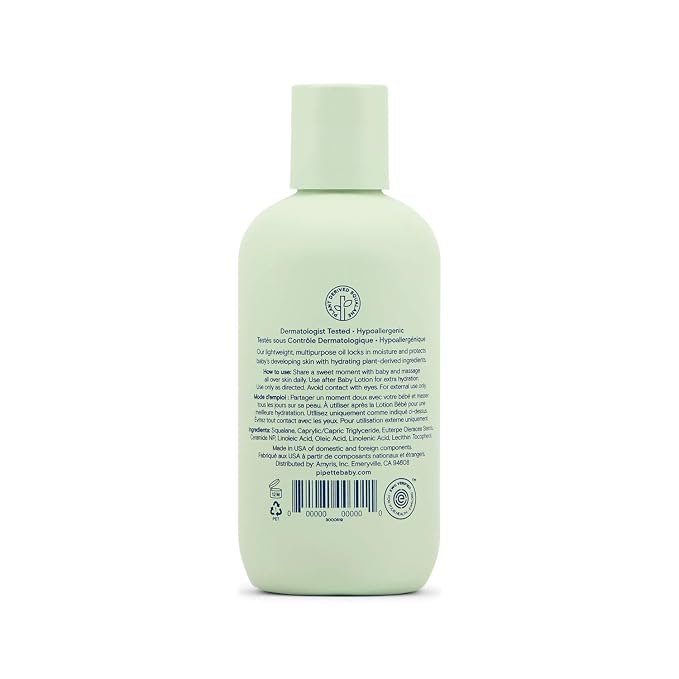 Pipette Baby Oil - Nurture, Moisturize Baby Skin, Vitamin E, Sensitive, Dry Skin, Fragrance Free with Renewable Plant-Derived Squalane, 4.5 fl oz
