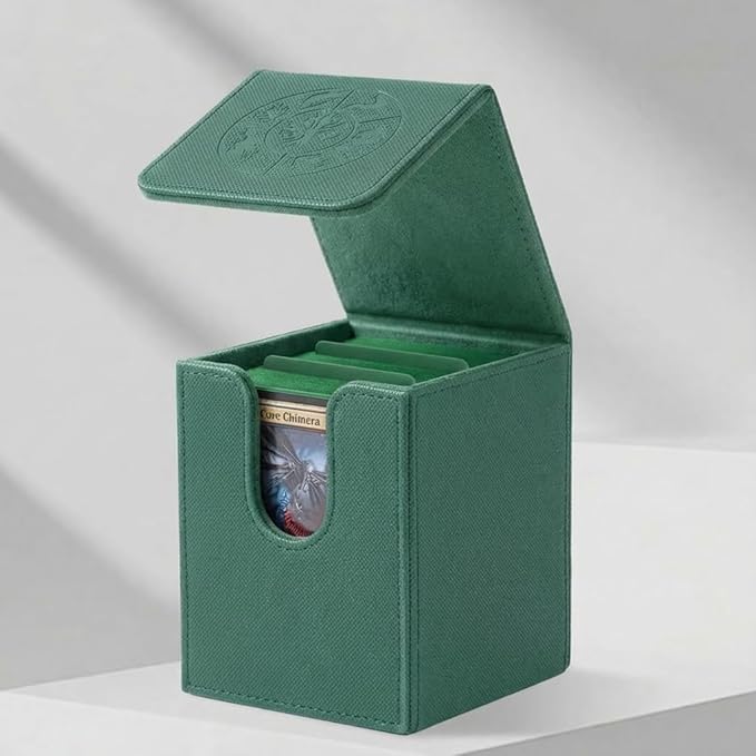 MTG Commander Deck Box with 2 Dividers – Fits 100+ Single Sleeved Cards, Strong Magnet Deck Case for Magic: The Gathering, Premium PU Leather Storage for TCG CCG (Green)