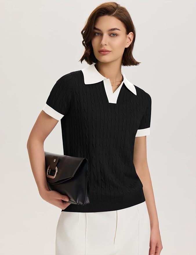 Micoson Womens Short Sleeve Sweater Tops Lapel V Neck Polo Shirts 2026 | Summer Cable Knit Loose Blouses, Business Casual Outfits