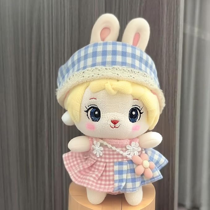 15-17cm Doll Clothes Set - Plaid Dress with Hat & Pearl Necklace for Stuffed Animals (No Doll Included)