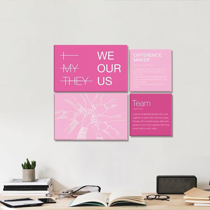 YEOION Motivational Office Wall Art,Inspirational Teamwork Wall Art for Office,Pink Positive Teamwork Wall Decor for Workplace Set of 6