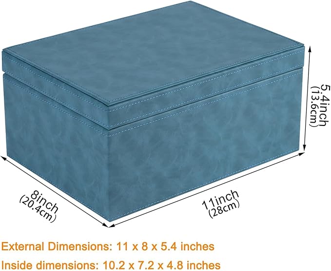 HofferRuffer Faux Leather Decorative Box, Large Wooden Structure Keepsake Box Accessory Organizer Jewelry Organizer with Hinged Lid, Storage Container for Home or Office (Blue)