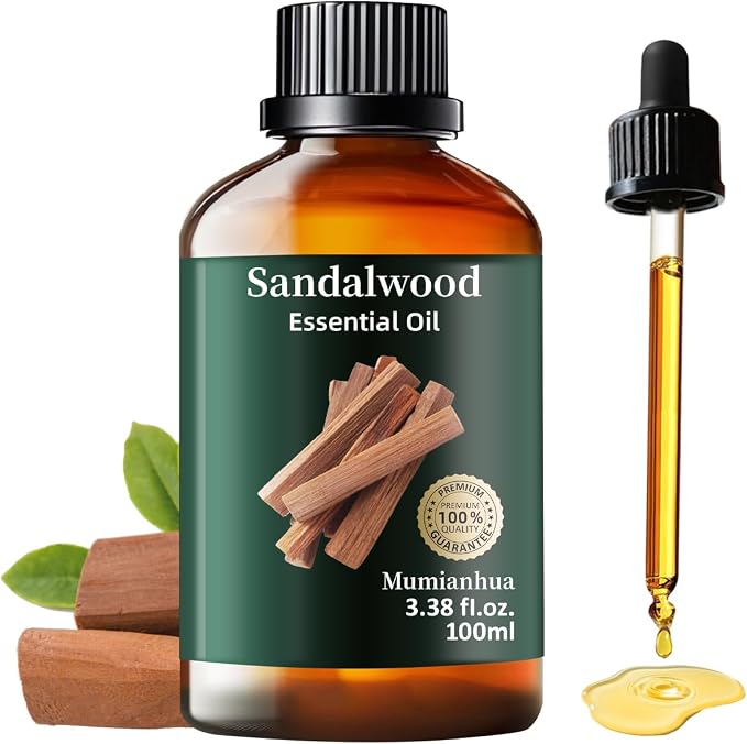 Sandalwood Essential Oil, Woody Scent, Meditation, Diffuser, 3.38 Fl Oz | Mumianhua Sandalwood Oil, Steam-Distilled Earthy Aroma. For Pillow Mist, Skin, DIY, Candle & Evening Diffusion