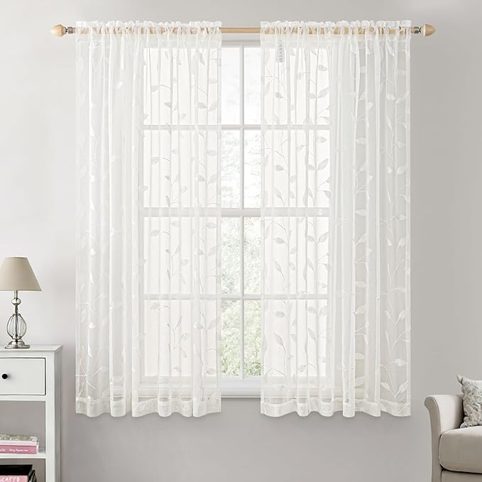 MIULEE Ivory Sheer Curtains 2 Panels Embroidered Leaf Patterned Rod Pocket Floral Semi Sheer Faux Linen Short Window Curtains Drapes Set for Kitchen Living Room Bedroom, 52x45 Inches Length