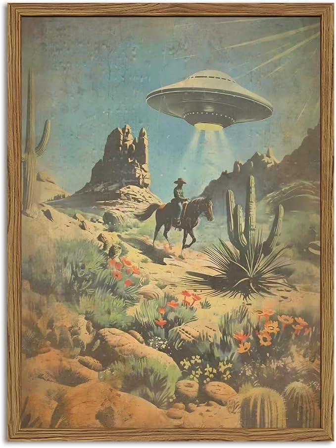 Vintage Intergalactic Western Wall Art Scifi Alien UFO Cowboy Rider Wall Decor Painting Funny Southwest Flying Saucer Poster Canvas Print Picture for Living Room Bedroom 12x16 inch Wood Framed