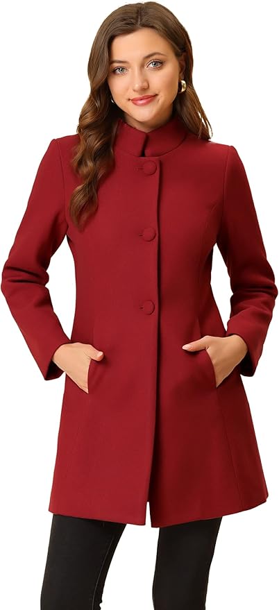 Allegra K Women's Winter Overcoat Mid-Long Stand Collar Single Breasted Coat Outerwear