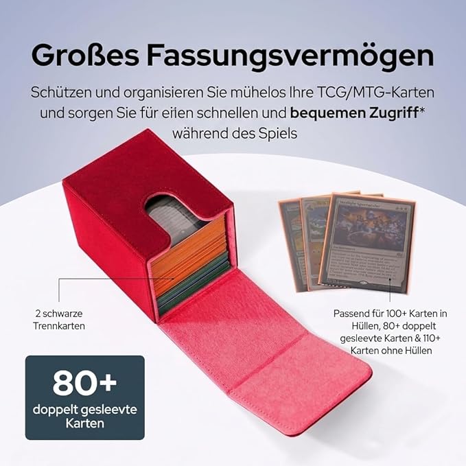 MTG Commander Deck Box with 2 Dividers – Fits 100+ Single Sleeved Cards, Strong Magnet Deck Case for Magic: The Gathering, Premium PU Leather Storage for TCG CCG (Red)