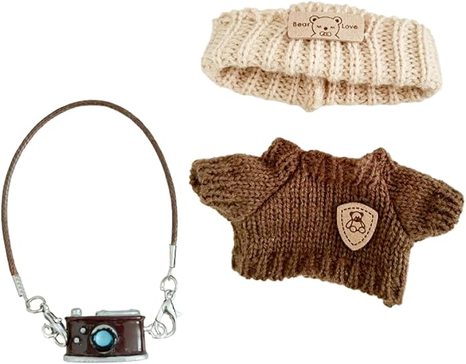 3 PCS Doll Clothes for labubu,17cm Dolls Outfit Accessories,for la-bubu Dolls/for la-bubu Outfit,Brown Sweater+ Small Camera+White Headband It's a Gift for labubu Enthusiasts and Collectors (No Doll)