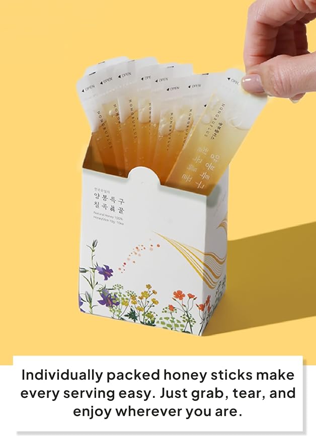 Korean Food Nongbu Wildflower Honey Sticks, Single-serve 10g x 10 Pk | Korean wildflower honey in convenient single-serve sticks with rich floral sweetness for tea, snacks, and travel.