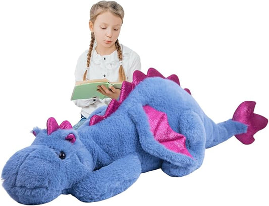 ARELUX Giant 52in 3Lb Big Blue Dragon Large Stuffed Animals Cute Plush Toy Fuzzy Jumbo Dinosaur Pillow Plushies with Wings Cuddly Soft Green Pterosaur Plushie for Friends Family Member