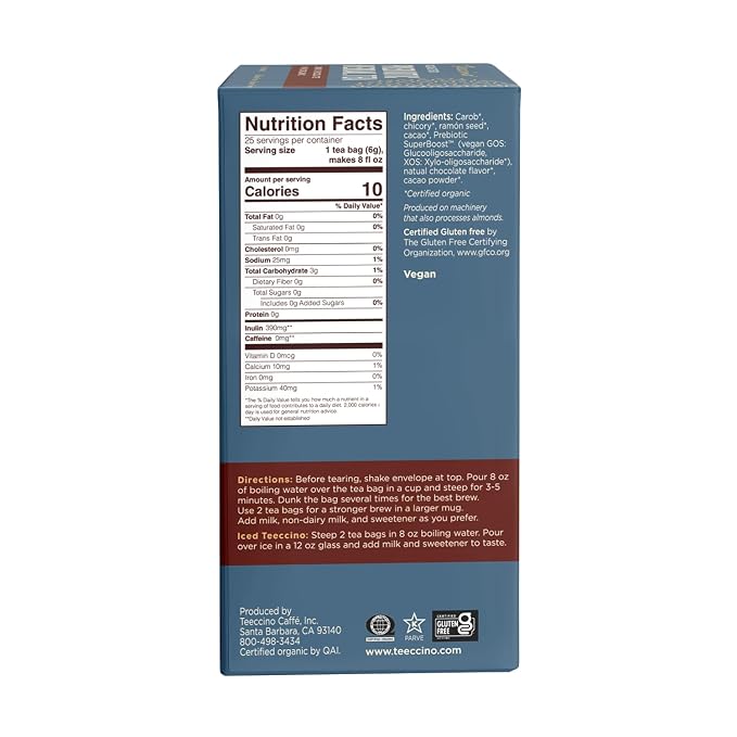 Teeccino Dark Chocolate Prebiotic SuperBoost™ Herbal Tea - Support Your Probiotics with Vegan GOS & Organic XOS For Good Gut Health and Regularity, 25 Tea Bags