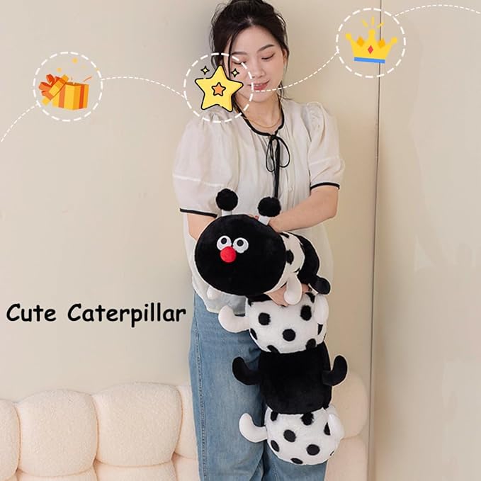 ELAINREN Black Caterpillar with Polka Dots Plush Pillow Ultra-Soft Caterpillar Stuffed Insect Toy Cuddly Long Worm Plushie Gifts/35.4''