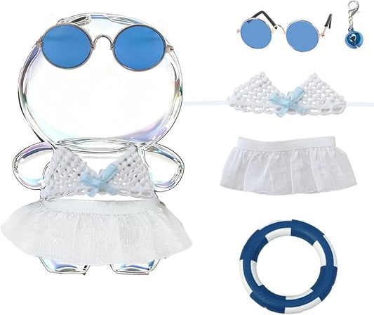 Swimsuit Party for 17cm Doll(No Dolls),5-Piece Set Including Clothes, Skirt, Blue Glasses, Blue Swimming Ring and Bell, Swimsuit Set, hot Party Style, Summer Beach Style,Blue Bow Outfit
