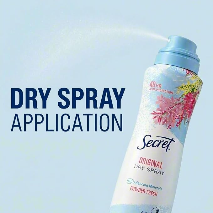 Secret Dry Spray Antiperspirant Deodorant for Women, 48hr Weightless Sweat & Odor Protection, Gentle on Skin, Powder Fresh Scent, 4.1 oz (Pack of 3)