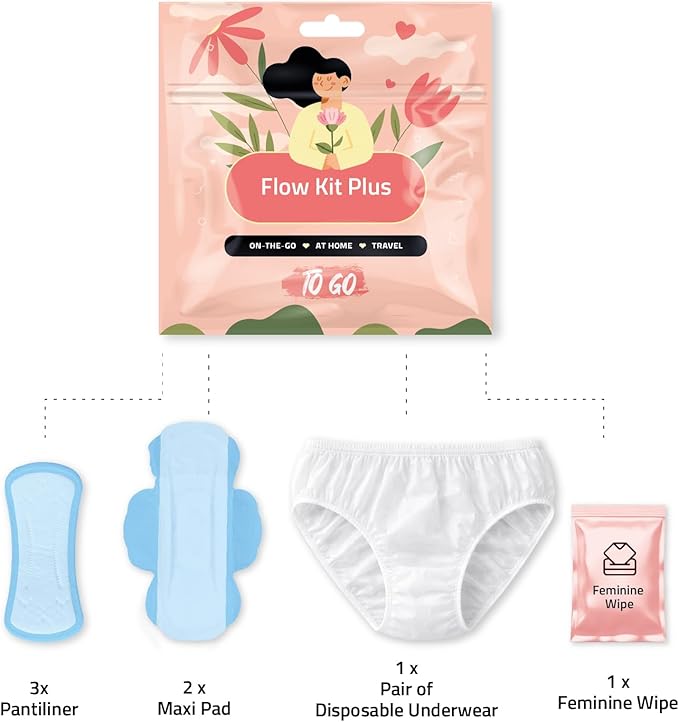 Flow Kit Plus | Bulk Period Kit with Disposable Underwear, Maxi Pads, Pantiliners and Feminine Wipe for Schools