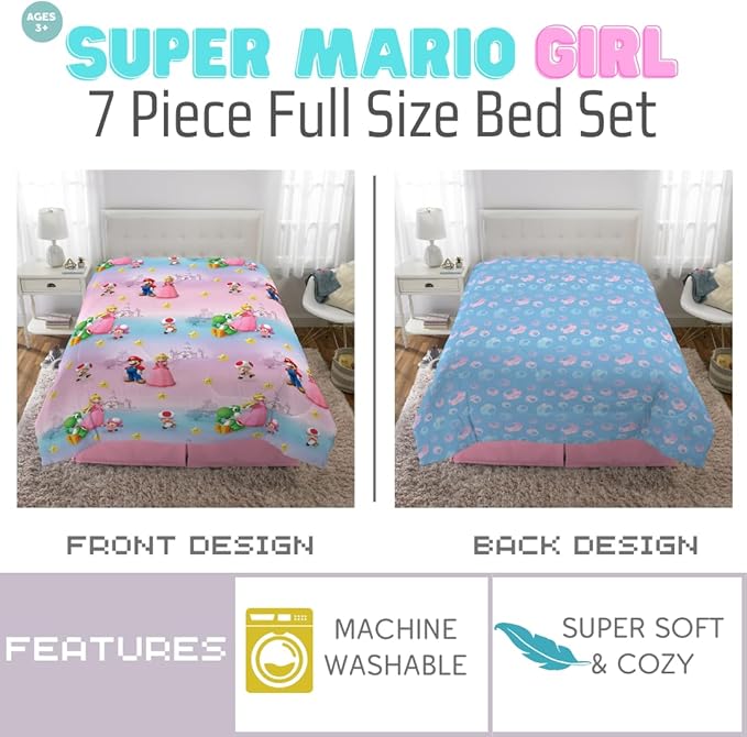 Super Mario Girl Princess Peach Girl Gamer Kids Bedding Super Soft & Cozy Reversible Microfiber Comforter and Sheet Set with Sham, 7 Piece Full Size, (Officially Licensed Product) By Franco