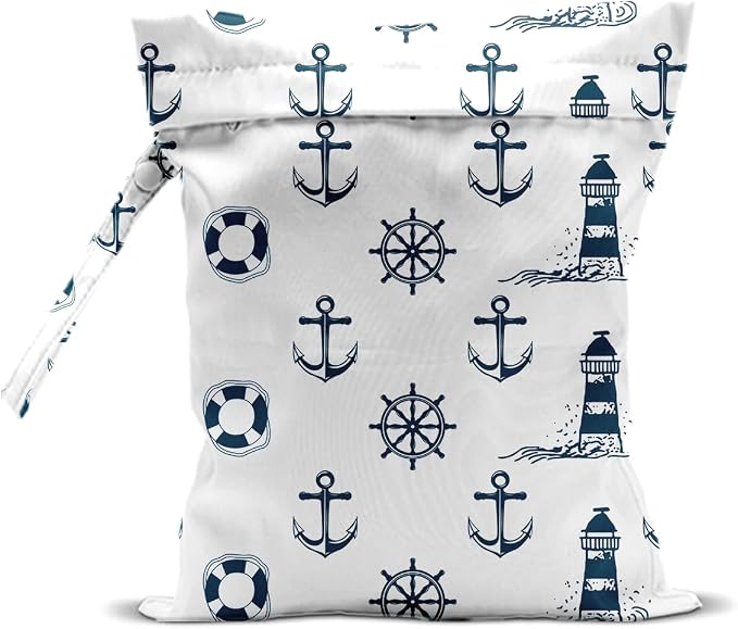Nautical Style Wet Bag 12x10 Inch, Waterproof Reusable Wet Dry Bag for Swimsuit, Travel, Beach, Pool, Diapers, Dirty Yoga Gym Clothes, Makeup Bags, Nautical Style Gifts for Women Friend