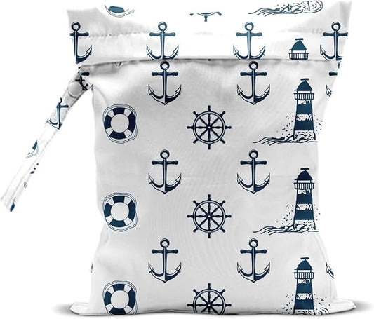 Nautical Style Wet Bag 12x10 Inch, Waterproof Reusable Wet Dry Bag for Swimsuit, Travel, Beach, Pool, Diapers, Dirty Yoga Gym Clothes, Makeup Bags, Nautical Style Gifts for Women Friend