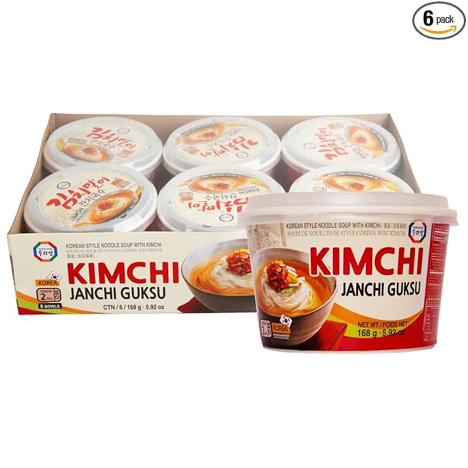 Surasang Kimchi Janchi Guksu Korean Thin Noodle Soup Bowl | Authentic Kimchi Broth, Non-Fried Noodles, Microwave Ready in 2 Minutes, 5.92 oz, Pack of 6