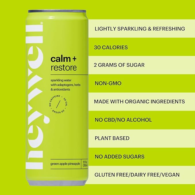 Heywell Sparkling Adaptogenic Water Calm and Restore, Green Apple Pineapple Flavor 12 Fluid Ounce (Pack of 12) - Non Caffeinated, Organic, Non GMO, Vegan, Gluten Free, Dairy Free