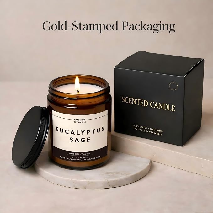 Eucalyptus Sage Scented Candles for Home, Natural Soy Wax Candle with Essential Oils, 9oz Amber Jar Aromatherapy Candel, 50H Long & Non-Toxic Burning, Hand Poured, Giftable, Relaxation, Spa