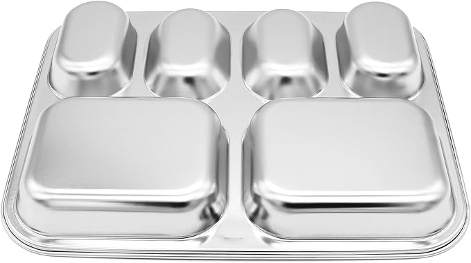 Korean Stainless Steel Divided Plates for Kids & Adults 2-Pack Food Tray | 6-compartment tray for portion control. Premium 304 electro-polished stainless steel, no black residue