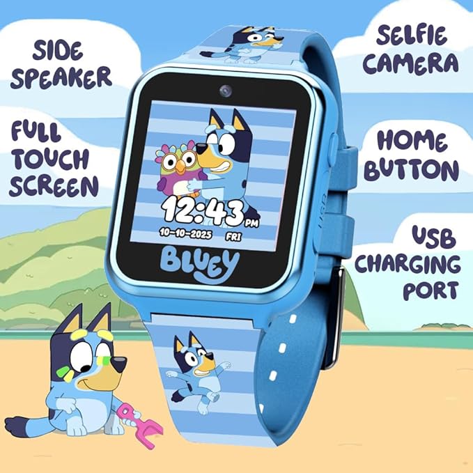 Bluey Kids Smartwatch with Camera, Games, Pedometer and Audio Recorder for Creative Play and Learning, 1.5" Touchscreen, Blue, Fits 5.5"-8.0" Wrists, for Boys and Girls Ages 3+