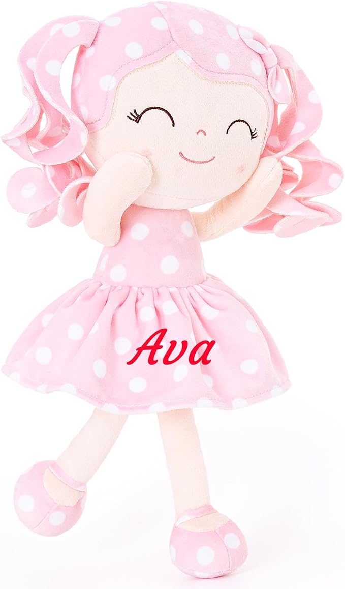 Gloveleya Personalized Baby Doll – Custom Name Plush Rag Doll, Pink Polka Dot Dress, Curly Hair, for Girls Birthday, Holidays & Keepsake, 12 Inches