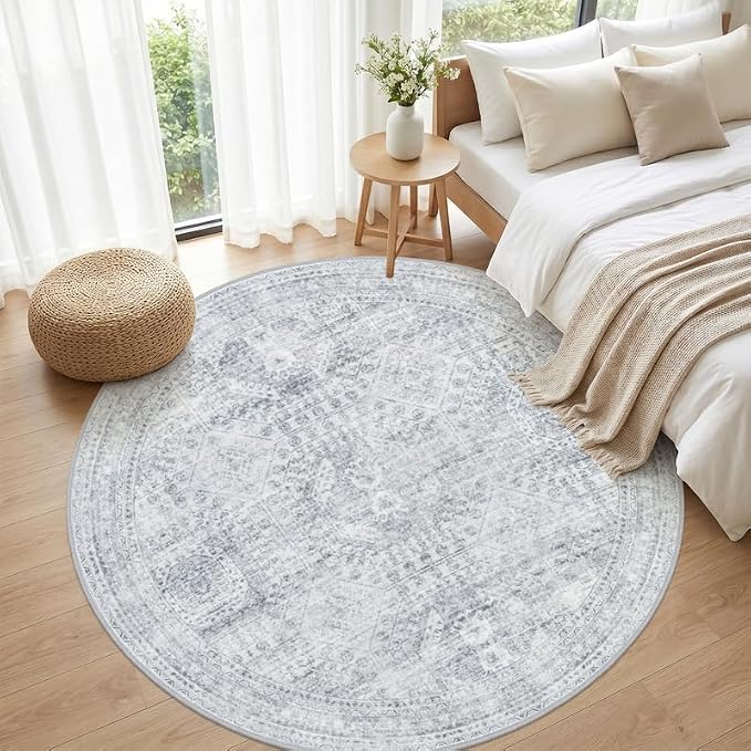 Round Area Rug for Living Room: 6ft Vintage Boho Neutral Washable Circle Rug Soft Large Circular Carpet for Bedroom Nursery Farmhouse Dining Room Office Floor Non-Slip Low Pile Under Table Rug Gray