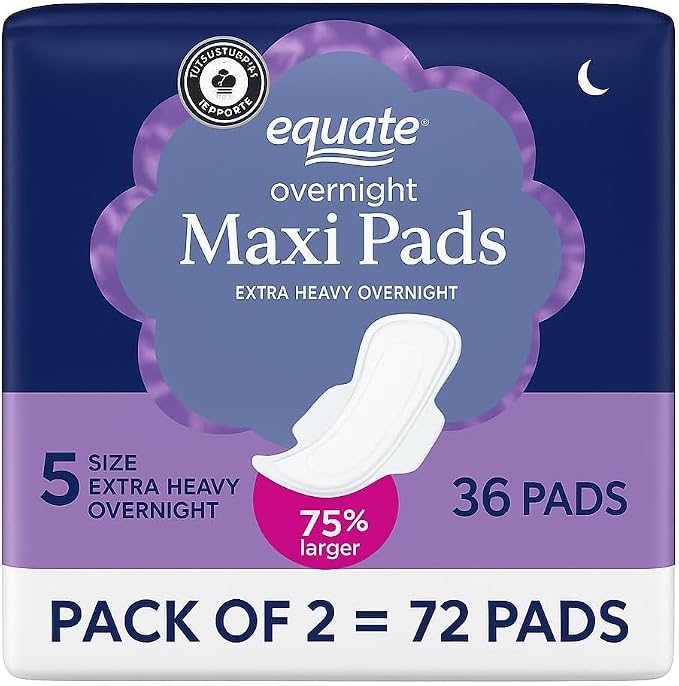 Equate Overnight Feminine Pads with Wings, Extra Heavy Flow, Size 5, Unscented, 36 Count (Pack of 2) – 72 Pads Total