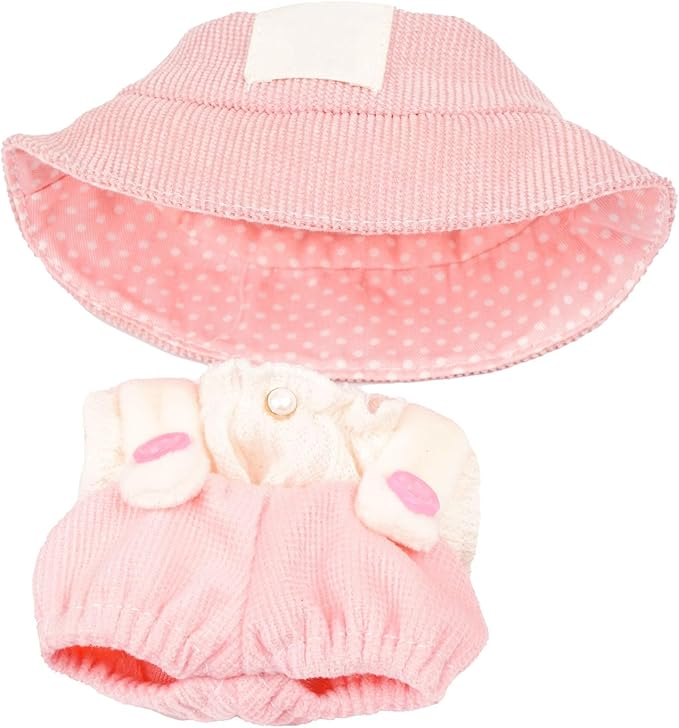 3-Piece Set 17cm Doll Clothes Outfit Set for Kawaii Chic Style Set Miniature Clothing Set with Embroidery Details Outfit Accessories, White T-Shirt + Light Pink Romper + Pink Hat (NO Doll)