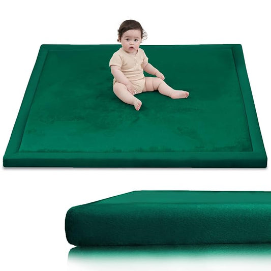 Huloo Sleep Ultra Soft Baby Play Mat for Floor, 1.3" Thick Elasti-Foam 65x50 Play Mat for Playpen,Water-Repellent Coral Velvet for Tummy Time, Non-Slip Backing,Safe for Toddlers & Infants（Dark Green)