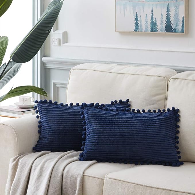 Fancy Homi Pack of 2 Boho Lumbar Decorative Throw Pillow Covers with Pom-poms, Soft Corduroy Solid Rectangle Cushion Cases Set for Couch Sofa Bedroom Car Living Room (12x20 Inch/30x50 cm, Navy Blue)
