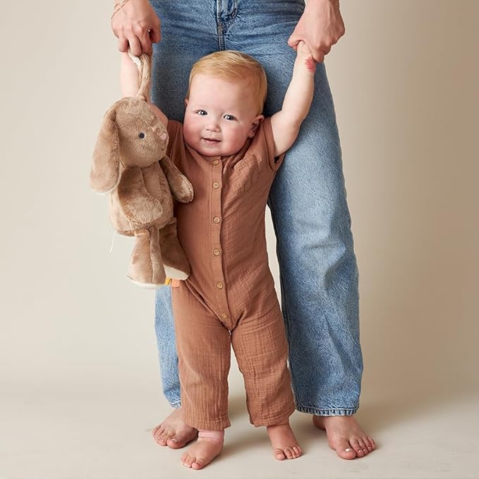 Itzy Ritzy Snuggles Plush Toy – Soft Stuffed Animal for Babies, Kids & Adults – Sensory Ribbons & Textured Fabrics for Tactile Play – Cozy & Cuddly Companion for Newborns & Up (Taupe Bunny)