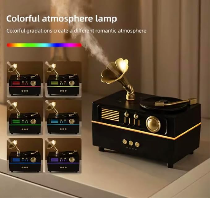 5 in 1 Diffuser Humidifier 200 ml, Bluetooth Speaker, 6 LED Light, Timer, Gramaphone & Vinyl Rotation Retro Design. Electric Powered, Remote Control, Rotation Mist Spray Aromatherapy