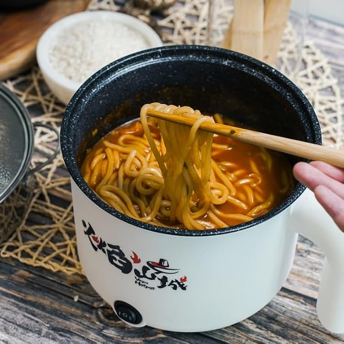 VEGAS Electric Hot Pot with Stainless Steel Steamer, 1.7L Mini Portable Ramen Noodle Cooker, Nonstick Electric Cooking Pot with Glass Lid for Dorm Travel Office - Steam & Boil, 7 Inch, Color Random