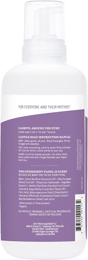 Earth Mama Calming Lavender Baby Wash Liquid Foaming Hand Soap Refill, All-Purpose Lavender Body Wash for Sensitive Skin, Castile Soap with Coconut Oil, Shea Butter, Calendula, & Aloe, 34 Fl Oz