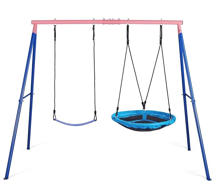 Lunafun Outdoor Swings for Kids, 440lbs, Heavy-Duty A-Frame Metal Outdoor Swing Stand, 1 Saucer & 1 Belt Swing Seat for Playground, Backyard Blue