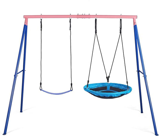 Lunafun Outdoor Swings for Kids, 440lbs, Heavy-Duty A-Frame Metal Outdoor Swing Stand, 1 Saucer & 1 Belt Swing Seat for Playground, Backyard Blue