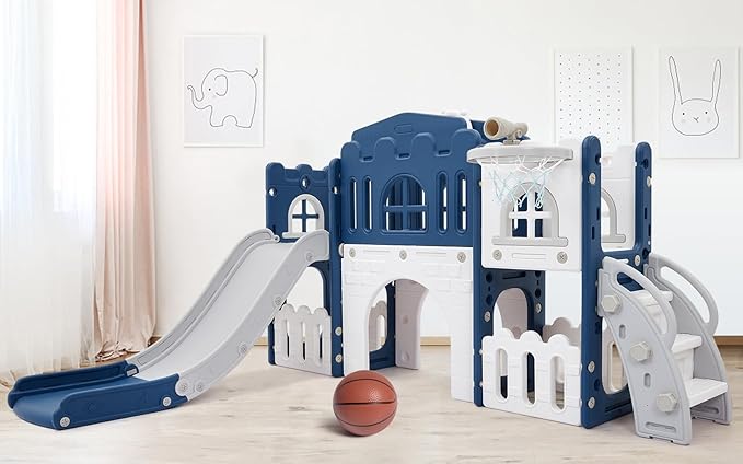 GarveeLife 8-in-1 Toddler Indoor Playground with Slide: Baby Slide Playset for Toddlers Ages 1-3 Outdoor Play, Kids Slide Includes Basketball Hoop, Climber, Crawling Tunnel, Telescope, Toy Storage