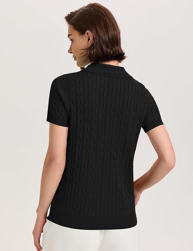 Micoson Womens Short Sleeve Sweater Tops Lapel V Neck Polo Shirts 2026 | Summer Cable Knit Loose Blouses, Business Casual Outfits
