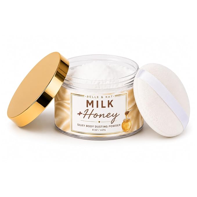 Milk & Honey Scented Body Powder for Women & Men, Perfume Dusting Powder, Bath Powder with Fragrance & Essential Oils, Talc-Free 8oz Container with Lid and Soft Puff, Made in USA