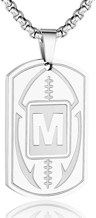 Initial A-Z Dog Tag Necklace for Men - Football Charm Pendant, Stainless Steel Chain 22+2 Inches, Personalized Sports Athletes Jewelry Gift