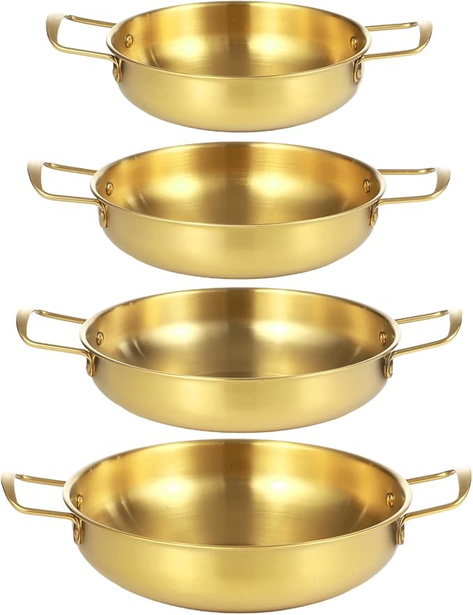 4Pcs Korean Ramen Pot Set,Stainless Steel Ramen Pot with Double Handles, 8.4-10.7 in Diameter Korean Noodle Pot Golden Soup Pots & Cooking Pots for Stove,Pasta,Soup (Gold)