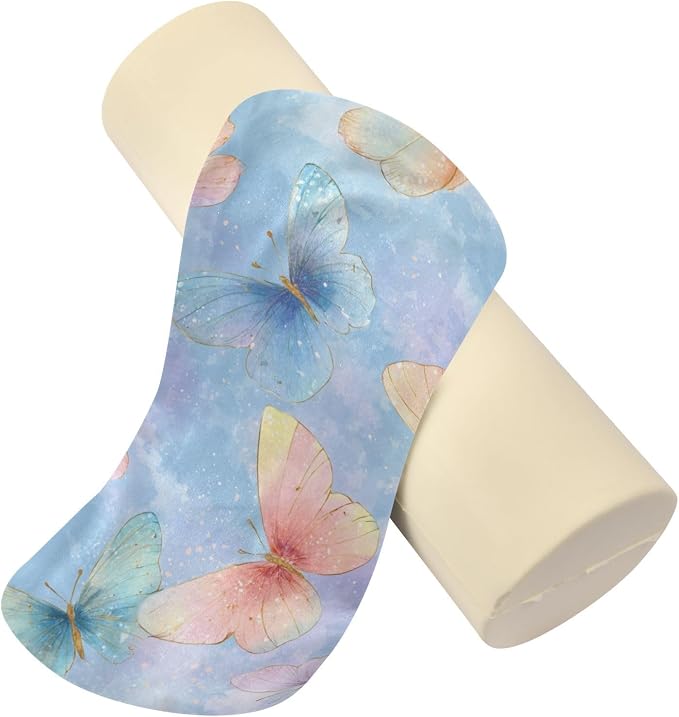 Neck Roll Pillow Bolster Pillows Round Health Memory Foam Long Cervical Cylinder Body Removable Washable Cover Bed Legs Back Yoga Butterfly Blue Pink