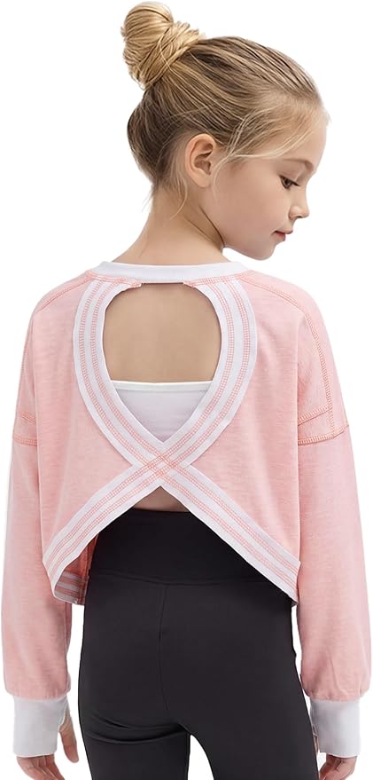 Gogokids Girls Shirts Long Sleeve Athletic Shirts Open Back Tops Active Sports Tshirts Yoga Workout Crop Tees 5-14 Years