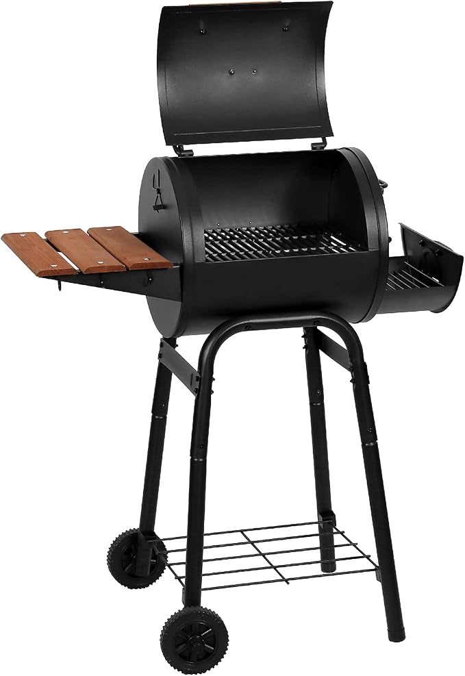 Char-Griller® Patio Pro Charcoal Grill and Smoker with Cast Iron Grates, Premium Wood Shelf and Damper Control, 250 Cooking Square Inches in Black, Model E1515